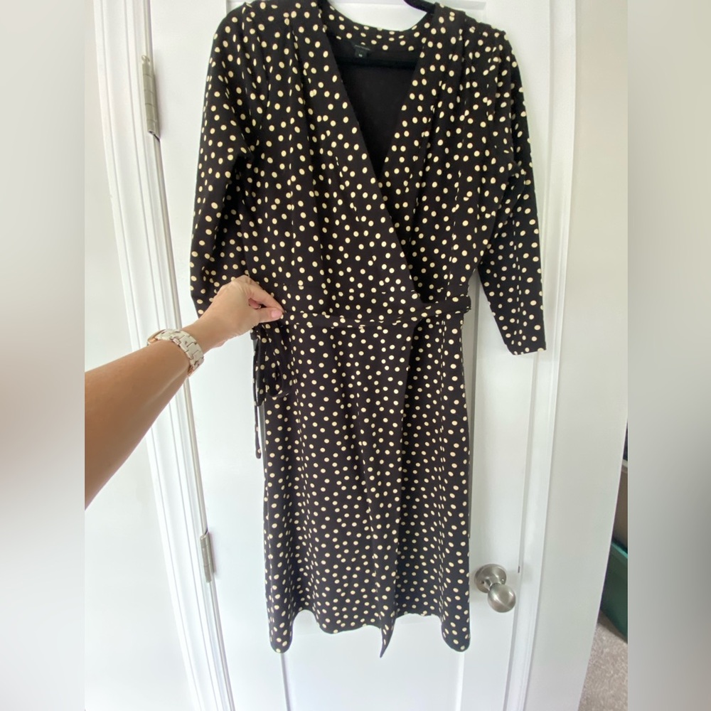 Ann Taylor Black and Cream Polka Dot Long Sleeve Wrap Dress